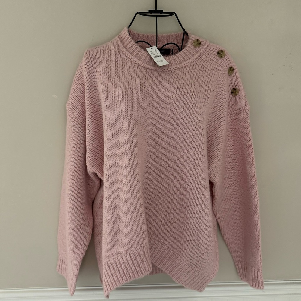 NWT J.Crew Pink Sweater with Button Accent on Shoulder (L)